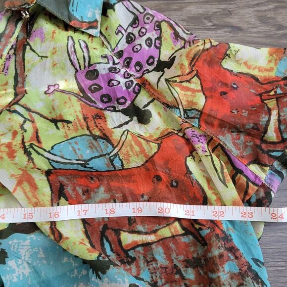 Pretty Angel Women's Sheer Top Size M/L Multicolor Silk Short Sleeves Collared - Picture 8 of 9